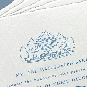 May include: A wedding invitation with a blue illustration of a building and trees. The text reads "MR. AND MRS. JOSEPH BAKER request the honour of your presence at the MARRIAGE OF THEIR DAUGHTER Sarah Rose TO"