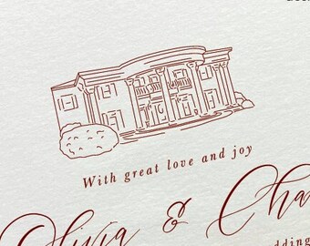 Pode incluir: Convite de casamento branco com uma ilustração castanha de um edifício. O convite inclui os nomes "Olivia & Charles", a data "29 de julho de 2029" e o texto "Invite you to celebrate their wedding day". O logotipo Chick design boutique é visível.