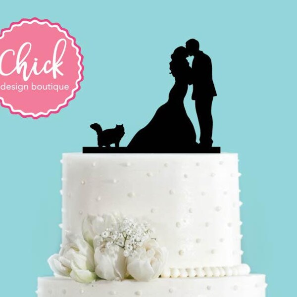 Couple Kissing with Fluffy Cat Wedding Cake Topper