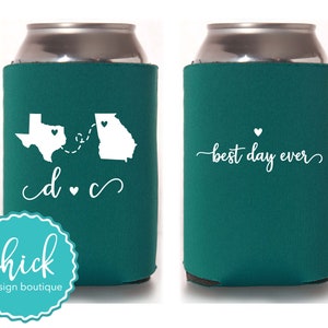 Best Day Ever States Connected Wedding Can Cooler, Personalized, Rehearsal Dinner, Can Cooler, Wedding Favor, Your City and State D452 A1