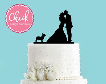 Couple Kissing with French Bulldog Acrylic Wedding Cake Topper