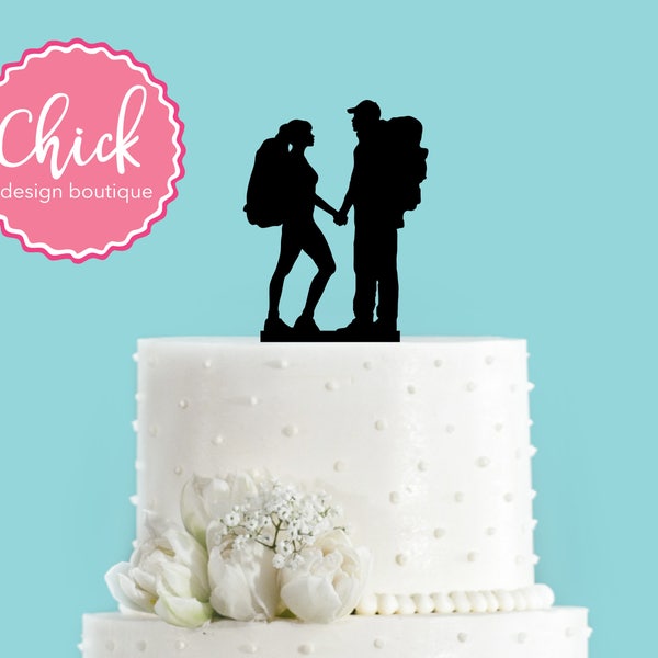 Hiking Couple Backpacking Bride and Groom Mountain Wedding Acrylic Wedding Cake Topper Chick Design Boutique