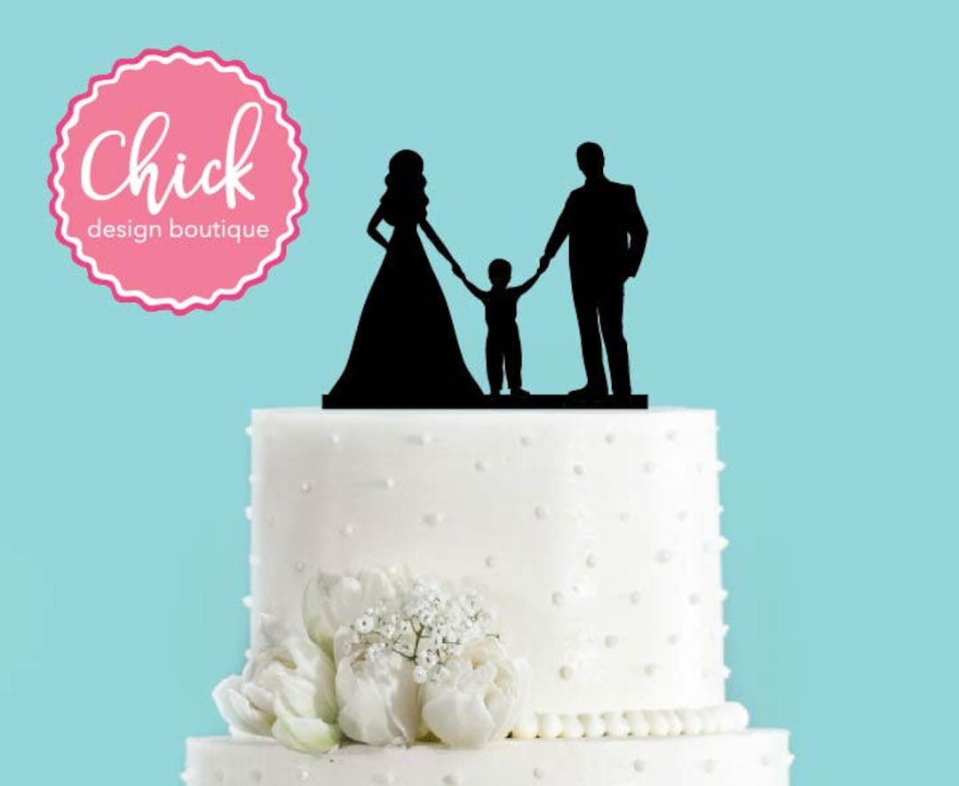 Couple Holding Hands With Little Boy, Bride and Groom Wedding Cake ...