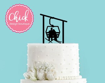 Winter Skiing Ski Lift Gondola Couple Bride and Groom Winter Wedding Acrylic Wedding Cake Topper Chick Design Boutique