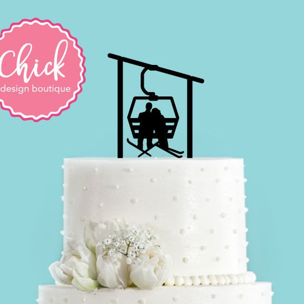 Winter Skiing Ski Lift Gondola Couple Bride and Groom Winter Wedding Acrylic Wedding Cake Topper Chick Design Boutique