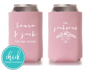 Custom Hawaiian Tropical Pink Can Cooler – Personalized Wedding Favor D375