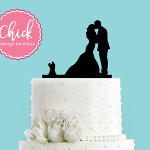 Couple Kissing with Yorkshire Terrier Dog Acrylic Wedding Cake Topper