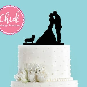 Couple Kissing with Welsh Corgi Dog Acrylic Wedding Cake Topper image 1