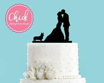 Couple Kissing with Welsh Corgi Dog Acrylic Wedding Cake Topper