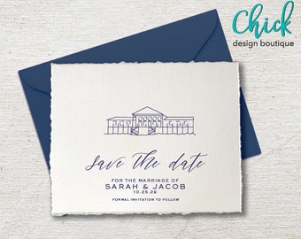 Pode incluir: Cartão de guardar a data com um desenho de linha de um edifício e o texto "Save the date" para o casamento de Sarah & Jacob em 10.25.28. Convite formal a seguir.