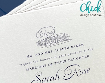 Pode incluir: Um convite de casamento com um desenho de linha de um edifício e uma árvore. O texto diz "MR. AND MRS. JOSEPH BAKER request the honour of your presence at the MARRIAGE OF THEIR DAUGHTER Sarah Rose TO"