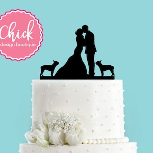 Couple Kissing with Two Boston Terriers Wedding Cake Topper