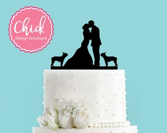 Couple Kissing with Two Boston Terriers Wedding Cake Topper