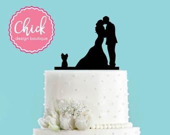 Couple Kissing with Yorkie Dog Wedding Cake Topper