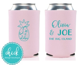 Pineapple Aloha Custom Can Cooler, Personalized Wedding Favor D181