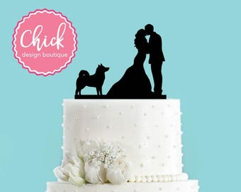 Couple Kissing with Husky Dog Acrylic Wedding Cake Topper