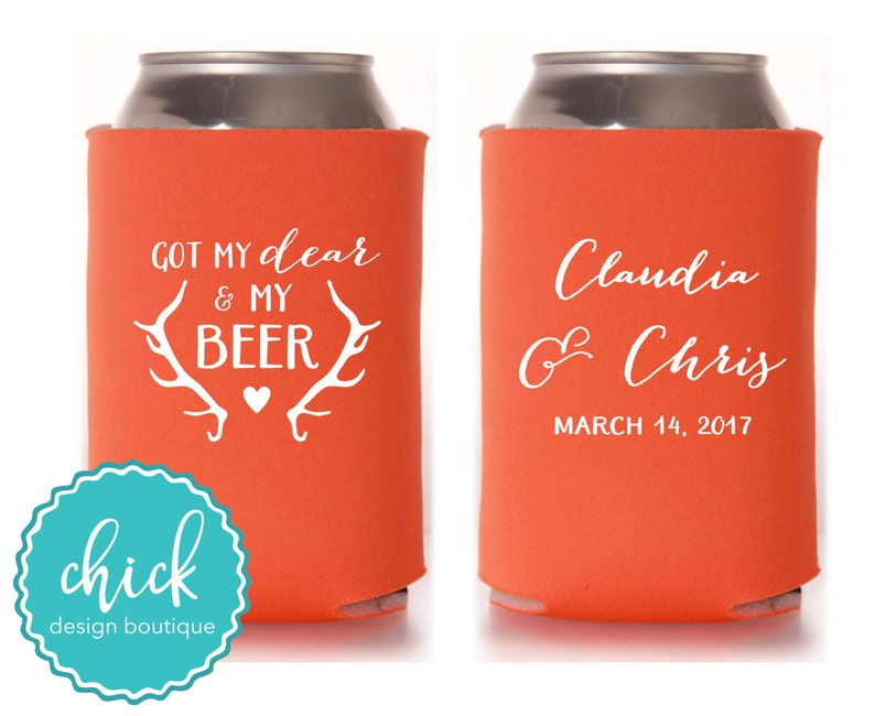 Got My Dear and My Beer Antlers Heart Custom Can Cooler Personalized Wedding Favor Party Gift Anniversary Favor Engagement Favor 3D190 image 1