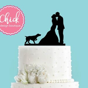 Couple Kissing with Pointer Hunting Dog Pointing Acrylic Wedding Cake Topper
