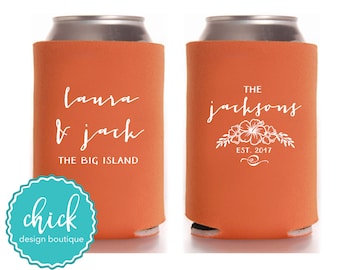 Custom Names & Hawaiian Tropical Flowers - Custom Cooler Personalized Wedding Favor Party Gift Anniversary Favor Engagement Favor 1D375