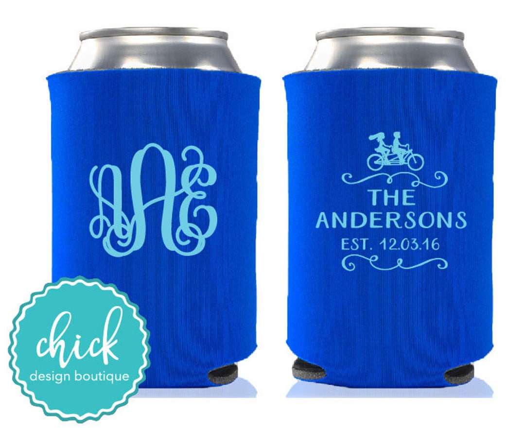 Tandem Bicycle Monogram Custom Can Cooler Personalized Wedding Favor