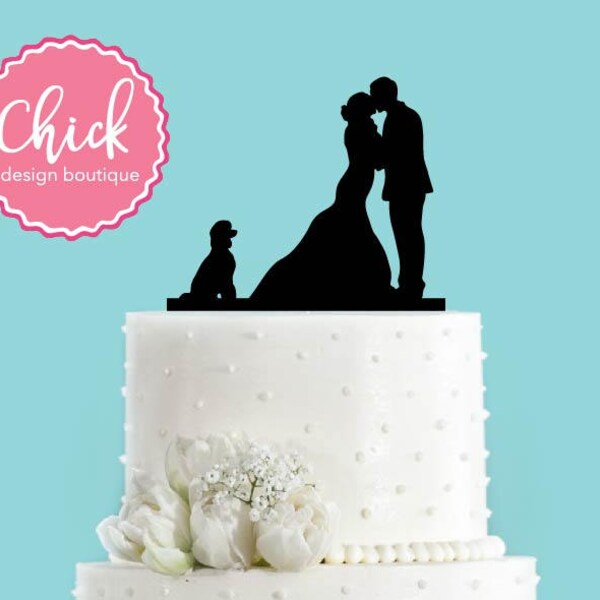 Couple Kissing with Poodle Sitting Wedding Cake Topper