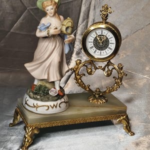 Vintage West German Mantel Clock with Porcelain Woman Figurine, Onyx Effect Base, Romantic Table Clock, Classic Decoration