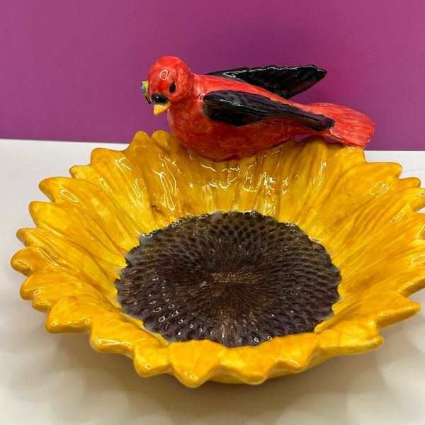 Sunflower bowl with red tanager