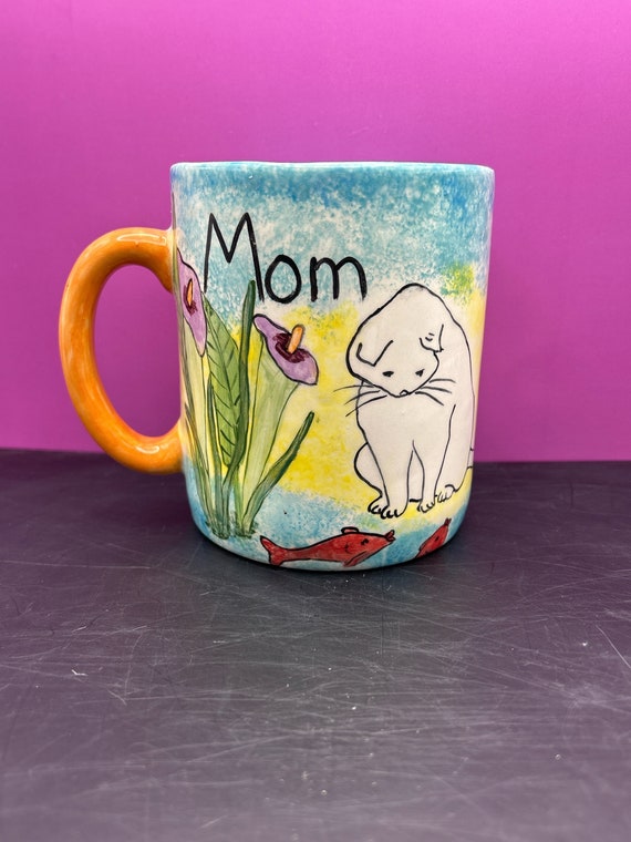 Oversized Mom Mug White Cat | Lilies | Fish | Hand-painted | Handmade |  Ceramic | 24 Oz - Etsy