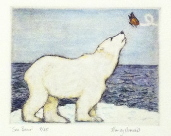 Original "Sea Bear" Drypoint Watercolor Painting