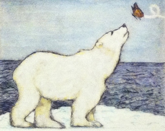 Sea Bear and Monarch Butterfly - Blank Card of Original Polar Bear Hand Pulled Drypoint Print with Watercolor