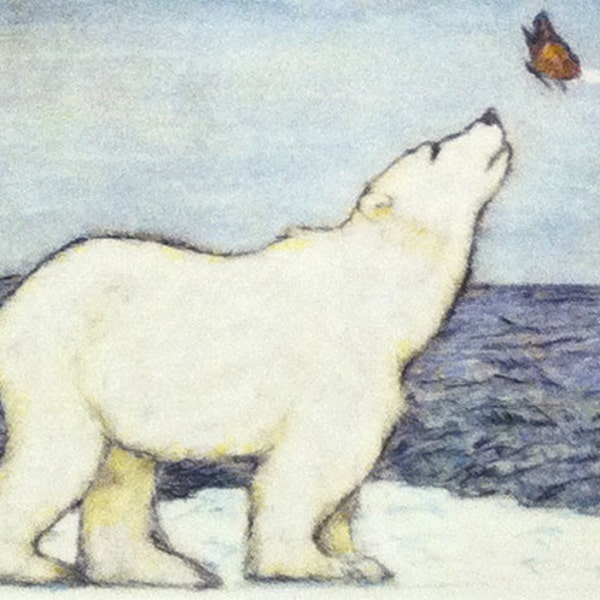 Sea Bear and Monarch Butterfly - Blank Card of Original Polar Bear Hand Pulled Drypoint Print with Watercolor