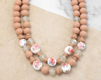 Multi Strand Spring Wood and Chinoiserie Beads Short Necklace in Rose Pink and Gold