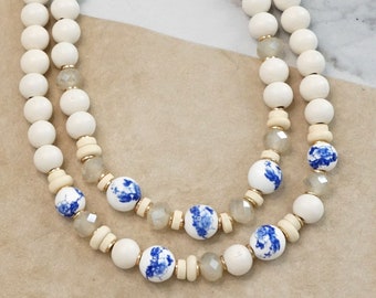 Multi Strand Spring Wood and Chinoiserie Beads Short Necklace in White Blue and Gold