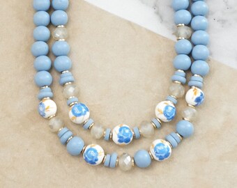 Multi Strand Spring Wood and Chinoiserie Beads Short Necklace in Blue and Gold