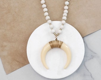 Long Wooden Bead Necklace with acrylic antler - Cream Ivory