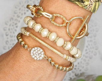 Beaded Bracelets set of 4 with Gold Coin Off-White Glass Beads sparkly bracelet Metal bead