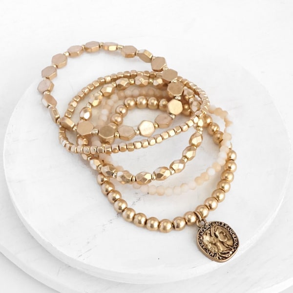 5 piece Bohemian Bracelet Set in gold tone with a Coin / stretchy bracelets/ layering fall / worn gold tone / gold ball beads / golden stack