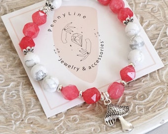 Harmony and Joy: Howlite and Red Chalcedony Stretch Bracelet with Mushroom Charm - Handcrafted Semi-Precious Gemstone Jewelry