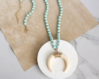 Long Wooden Bead Necklace with acrylic antler - turquoise