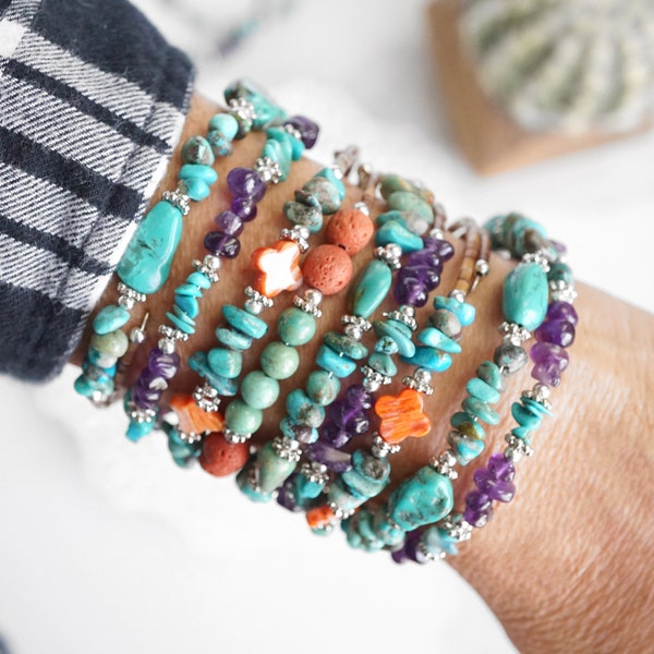 Bracelets Navajo faits main turquoise, améthyste et perles épineuses