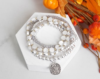 5 piece Bohemian Bracelet Set in silver tone with a Coin / stretchy bracelets / layering fall bracelets