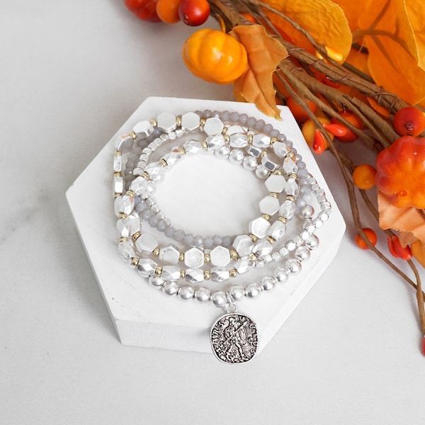 5 piece Bohemian Bracelet Set in silver tone with a Coin / stretchy bracelets / layering fall bracelets