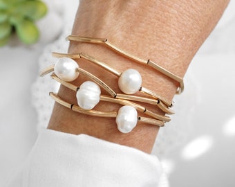 5 piece set of bracelets gift for her freshwater pearls Beads bracelet Gold tubes bead