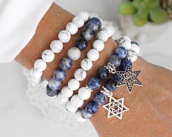 I stand with ISRAEL bracelet with Star of david Charm of your choice, Howlite and Sodalite semi precious crystal beads, Am Israel Hai!