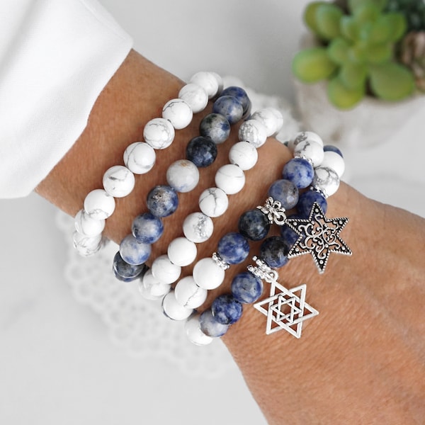 I stand with ISRAEL bracelet with Star of david Charm of your choice, Howlite and Sodalite semi precious crystal beads, Am Israel Hai!