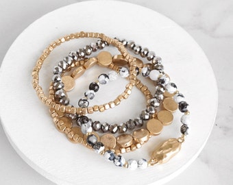 Boho 5-Piece Layering bracelet Sets: Semi-Precious stone beads, Metals, Glass Beads, Golden Nugget, and Silver-Toned Flat Beads Bracelet