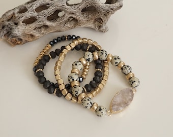 Dalmatian Jasper 4 piece Druzy Boho Bracelets Beaded bracelets Semi Precious stones in Black white and gold, Stacking bracelets