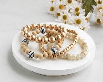 Beaded Bracelets Boho set of 4 with Tiger stripes inspired Beads, Metal and neutral natural wood beads