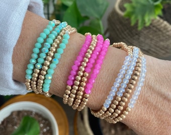 Small Worn Gold tone and Glass beads bracelet stack of 4 bracelets Green Pink White