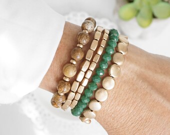 5 piece Boho Bracelet stack Beaded bracelets Semi Precious Labradorite in Forest Green Brown Jasper and gold, Stacking bracelets